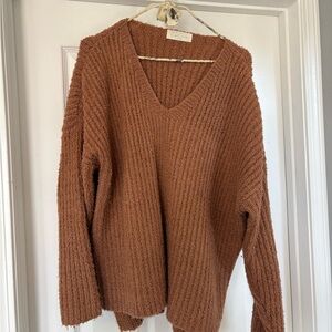 Cozy V-Neck Ribbed Sweater in Rust Brown
